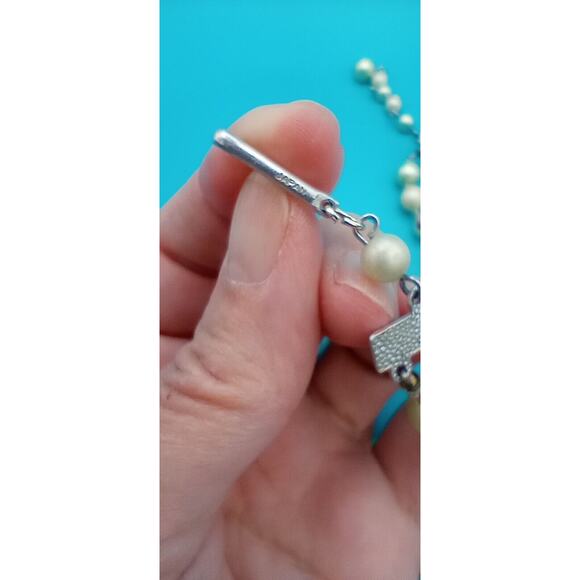 Vintage Double Strand Beaded Choker Necklace Green White Faux Pearl AB Japan - Picture 8 of 11